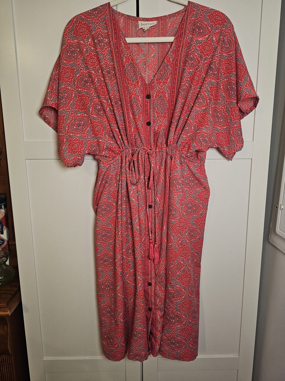 Boemo Red Bandana Print V-Neck Short Sleeve Midi Kaftan Dress M Boho Paisley